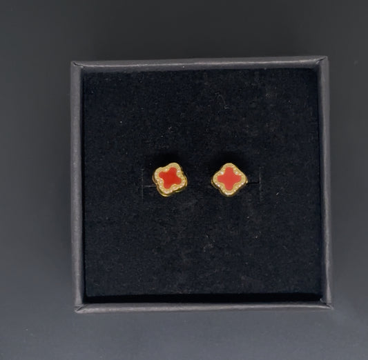14k Gold Stud Earrings - Red Mini Clover