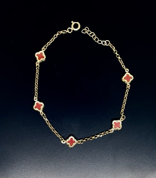 14k Gold Bracelet - Red Mini Clover