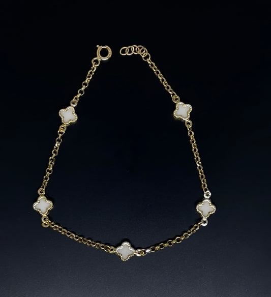 14k Gold Bracelet - White Mini Clover