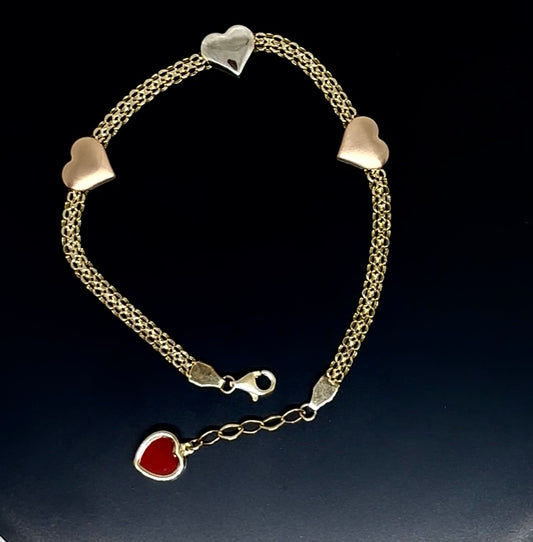 14k Gold Bracelet - Tri Color Hearts