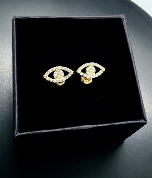 10k Gold Broquel Earrings - Cz Ojo Evil Eye