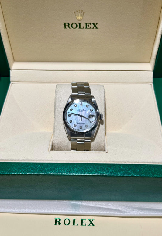 Rolex Date 34mm – Mother of Pearl Rainbow Diamond Dial | Oyster Bracelet | Stainless Steel